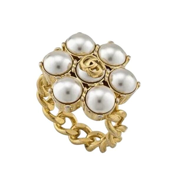 GUCCI Glass Pearl Double G-Ring 645671 I4620 8078 Size L NEW - Picture 1 of 15